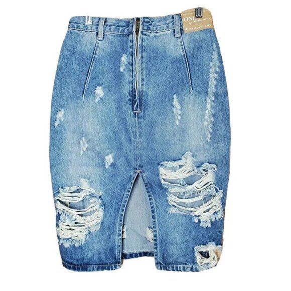 SUPER FLATTERING One Teaspoon Freelove Distressed Denim Pencil Skirt | High Wais - Picture 4 of 10